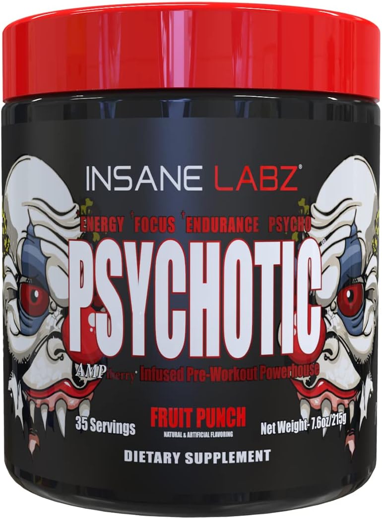 Insane Labz Psychotic High Stimulant Pre Workout Powder Extreme Lasting Energy Focus and Endurance with Beta Alanine Creatine Monohydrate DMAE 35 Srvgs Fruit Punch - Image 1