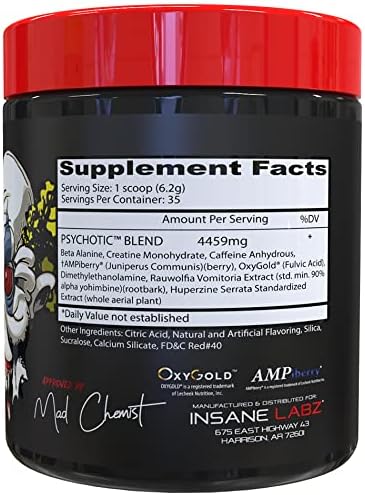 Insane Labz Psychotic High Stimulant Pre Workout Powder Extreme Lasting Energy Focus and Endurance with Beta Alanine Creatine Monohydrate DMAE 35 Srvgs Fruit Punch - Image 2