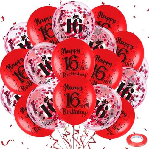 Wayyogh Red 16th Birthday Balloons 18Pcs Happy 16th Birthday Decorations Latex Balloons with Confetti for Teenagers Unisex - Image 1