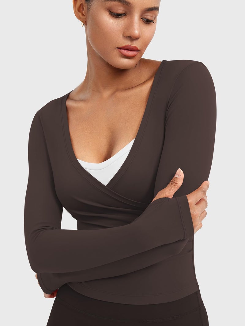 YEOREO Minniy Women Workout Wrap Top Long Sleeve with Thumb Holes V Neck Basic Shirts for Yoga Pilates Going Out Shrug Blouse Chocolates-L - Image 5
