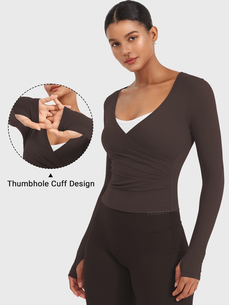 YEOREO Minniy Women Workout Wrap Top Long Sleeve with Thumb Holes V Neck Basic Shirts for Yoga Pilates Going Out Shrug Blouse Chocolates-L - Image 3