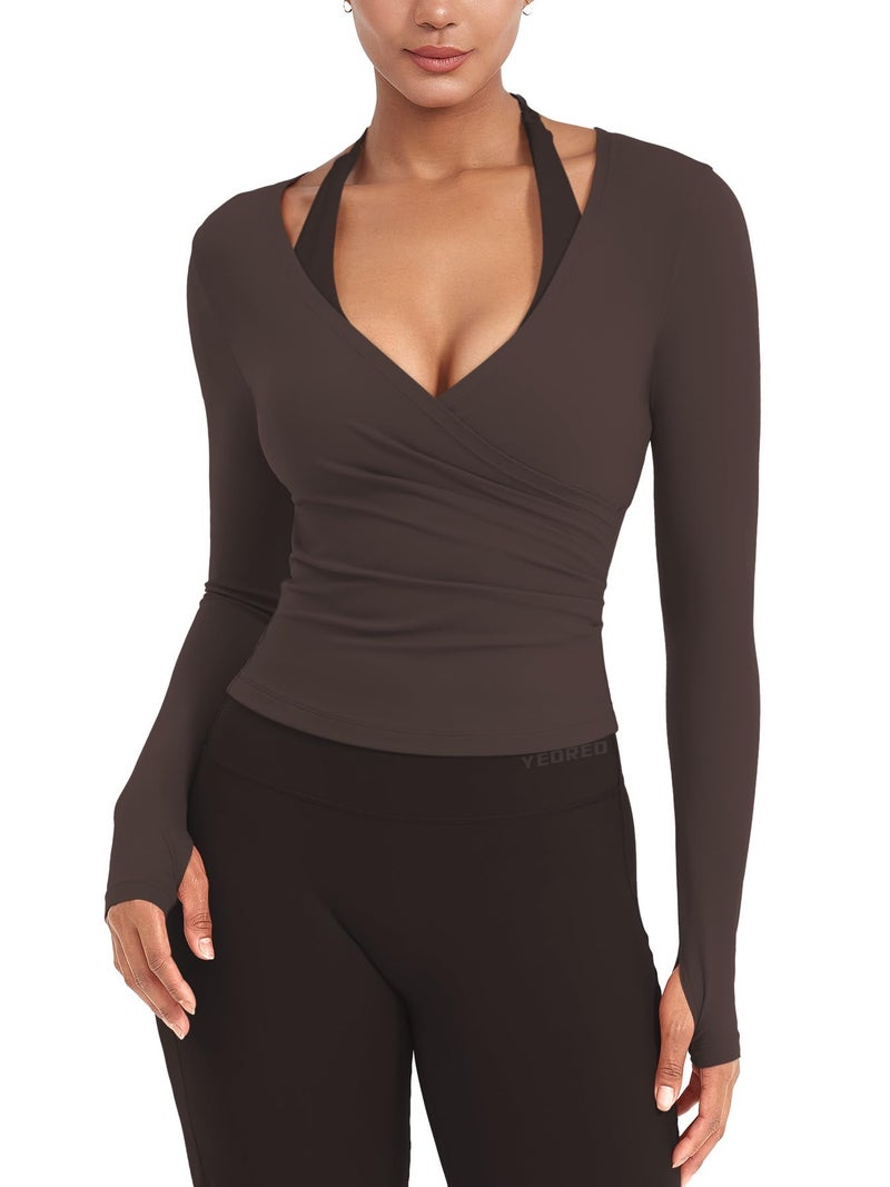 YEOREO Minniy Women Workout Wrap Top Long Sleeve with Thumb Holes V Neck Basic Shirts for Yoga Pilates Going Out Shrug Blouse Chocolates-L - Image 1