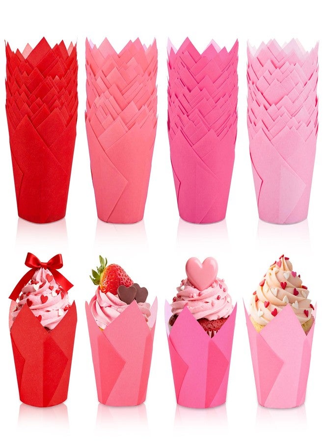 وولاين مجموعة Whaline المكونة من 200 قطعة من أغطية الكب كيك على شكل زهرة التوليب لعيد الحب، أكواب خبز المافن، أغطية كب كيك متدرجة الألوان من الأحمر والوردي، مثالية لحفلات الزفاف والذكرى السنوية وتزيين الطاولات - Image 1