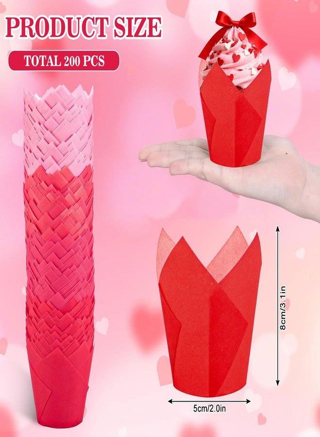 وولاين مجموعة Whaline المكونة من 200 قطعة من أغطية الكب كيك على شكل زهرة التوليب لعيد الحب، أكواب خبز المافن، أغطية كب كيك متدرجة الألوان من الأحمر والوردي، مثالية لحفلات الزفاف والذكرى السنوية وتزيين الطاولات - Image 2
