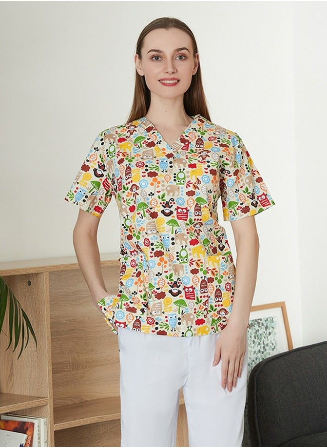 Loquat Unisex Printed V-Neck Medical Uniform Scrubs Top for Women/Men Workwear 
