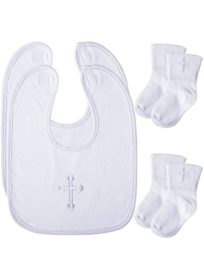 Jiuguva - 4 Pcs Baptism Bibs And Socks Set Christening Bib For Baby White Embroidered Cross Baptism Outfit For Boy Girl(7.9 X 11 Inch) - Image 1