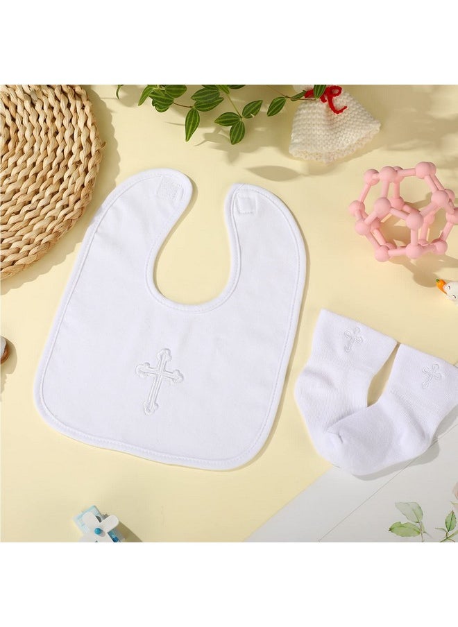 Jiuguva - 4 Pcs Baptism Bibs And Socks Set Christening Bib For Baby White Embroidered Cross Baptism Outfit For Boy Girl(7.9 X 11 Inch) - Image 1