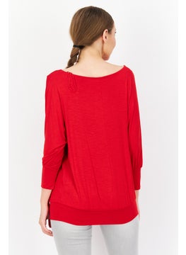 Zero Women Round Neck Long Sleeve Plain Blouse, Red  - Image 4