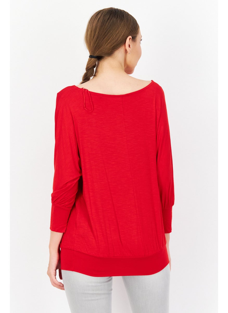 Zero Women Round Neck Long Sleeve Plain Blouse, Red  - Image 4