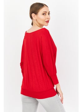 Zero Women Round Neck Long Sleeve Plain Blouse, Red  - Image 2