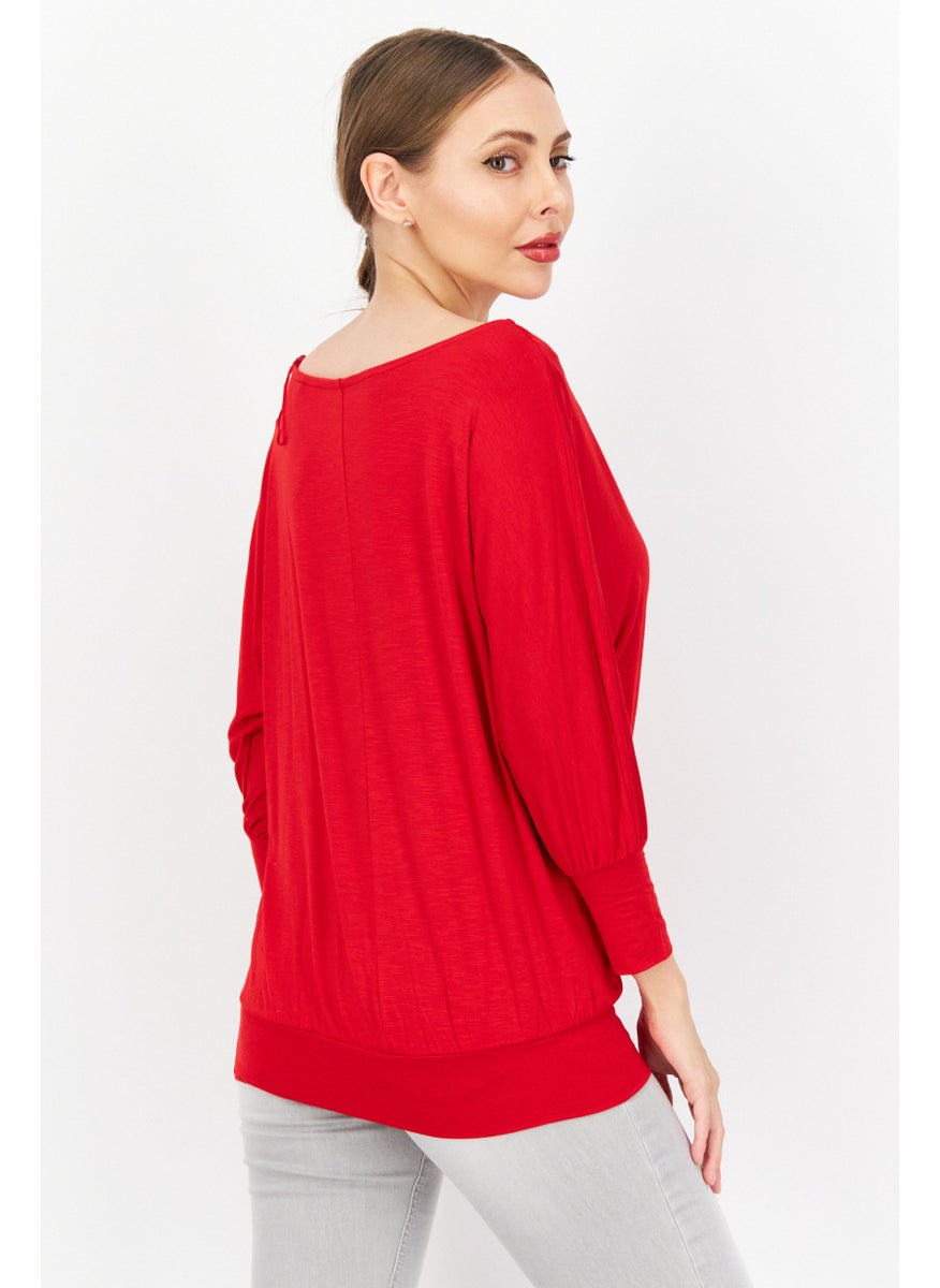 Zero Women Round Neck Long Sleeve Plain Blouse, Red  - Image 2