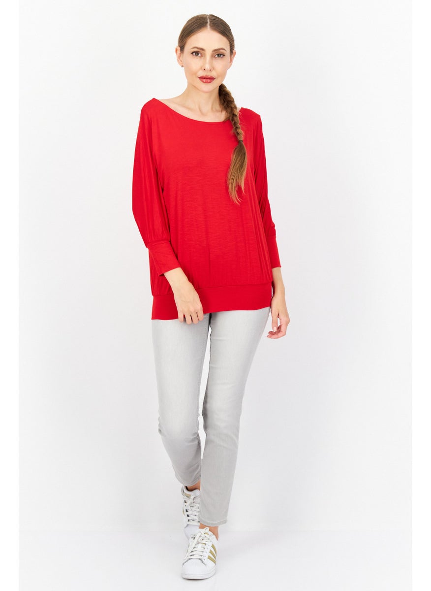 Zero Women Round Neck Long Sleeve Plain Blouse, Red  - Image 3