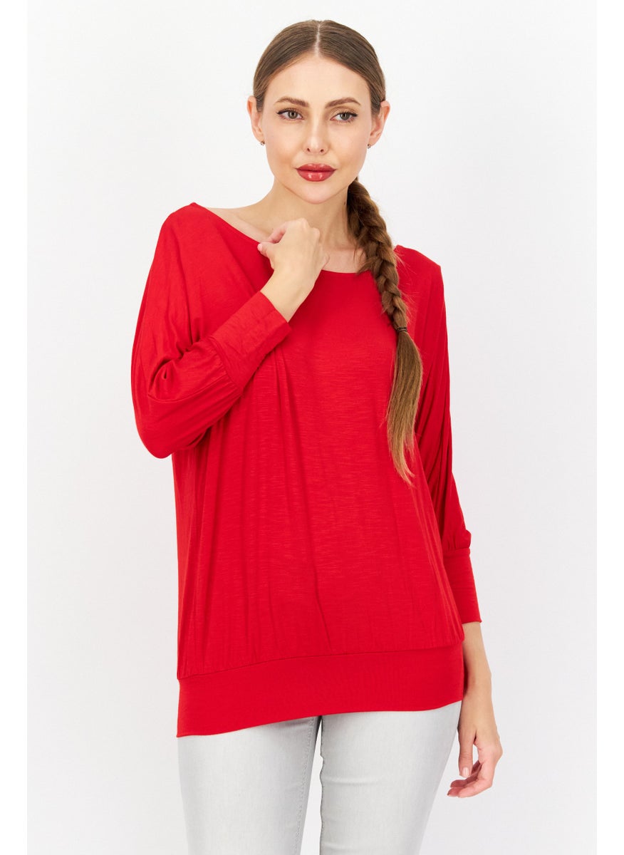 Zero Women Round Neck Long Sleeve Plain Blouse, Red  - Image 1