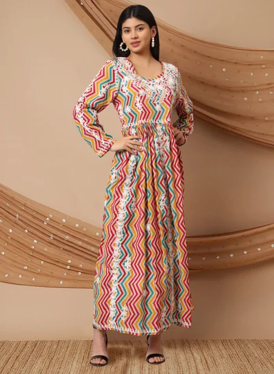 الايا جلابية قطنية مطبوعة مطرزة يدويًا من لاكناوي شيكانكاري-AL3936