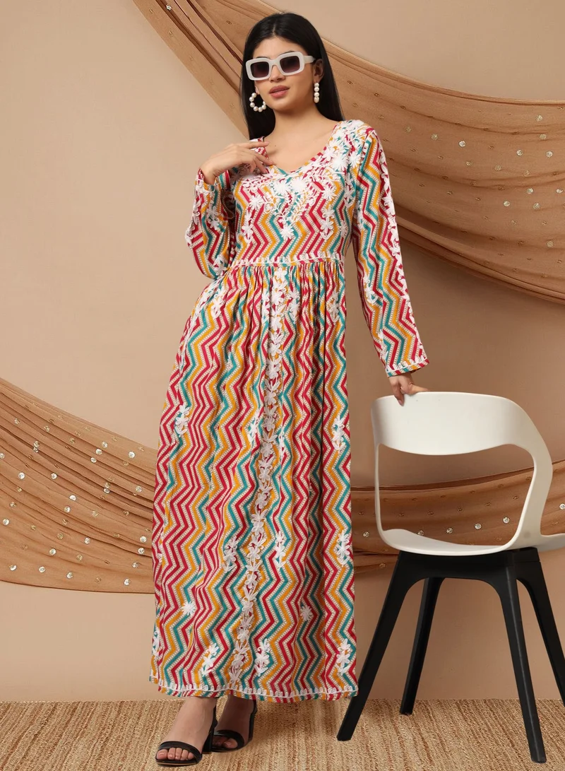الايا جلابية قطنية مطبوعة مطرزة يدويًا من لاكناوي شيكانكاري-AL3936