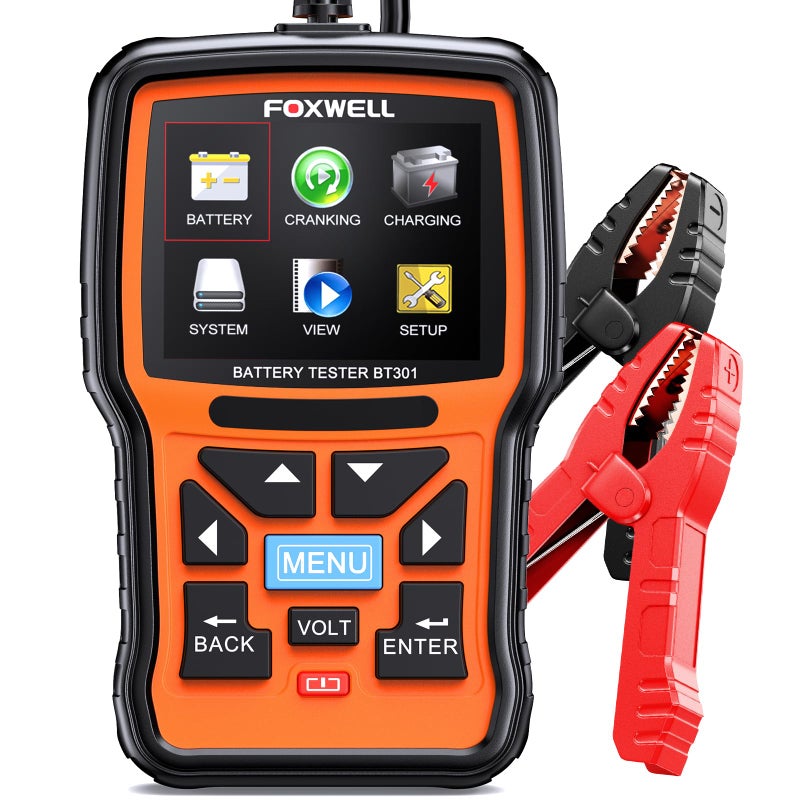 مُختبر بطارية السيارة FOXWELL BT301 12V محلل بطارية السيارات مُختبر تحميل احترافي 1002000CCA فاحص شحن رقمي لمولد الطاقة للشاحنات البحرية والقوارب والسيارات الرياضية BT100 النسخة المُحسّنة