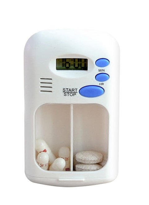 Portable Mini Pill Box Timer with LCD Digital Electric Alarm Medicine Pill Case 2 Grids White Color Two Drawers Divided Plus Memory Fits Large Pills for Outdoor Travel Dispenser