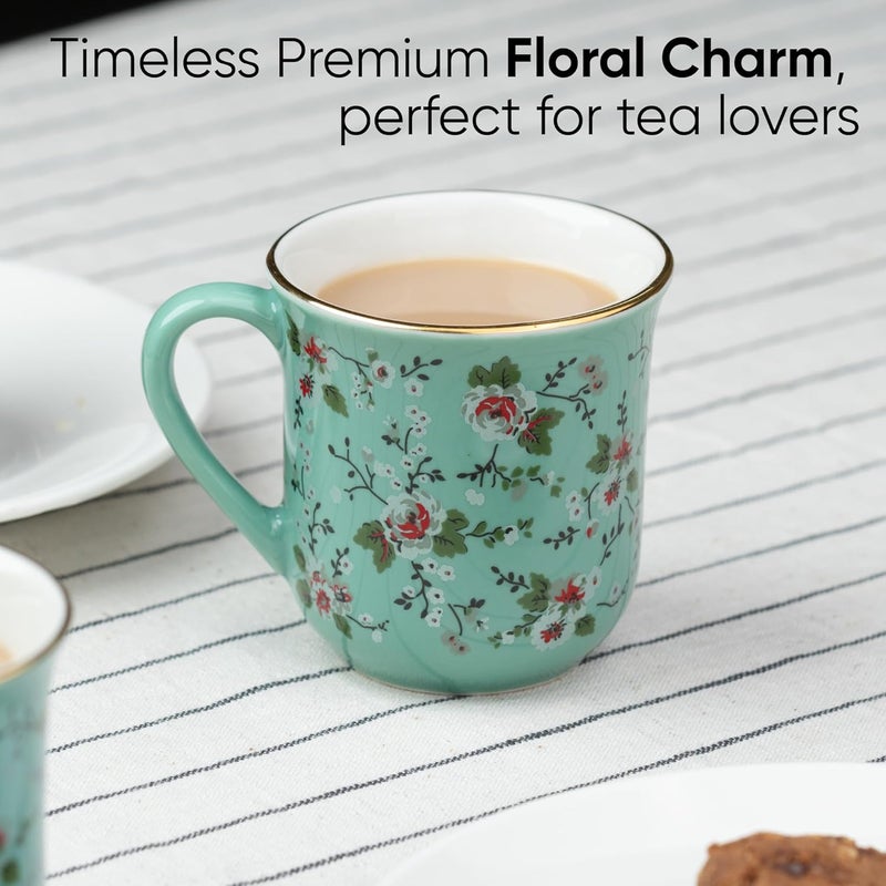 Shay طقم أكواب شاي سيراميك من 6 قطع مزخرفة بالنعناع سعة 180 مل طقم أكواب شاي لامع من السيراميك - Image 2