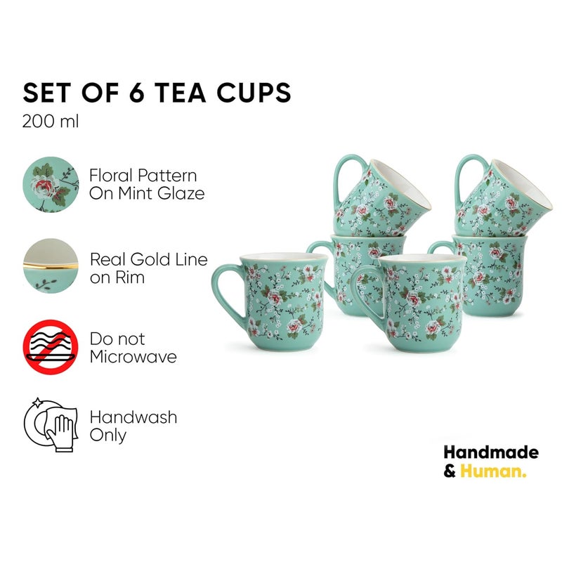 Shay طقم أكواب شاي سيراميك من 6 قطع مزخرفة بالنعناع سعة 180 مل طقم أكواب شاي لامع من السيراميك - Image 3