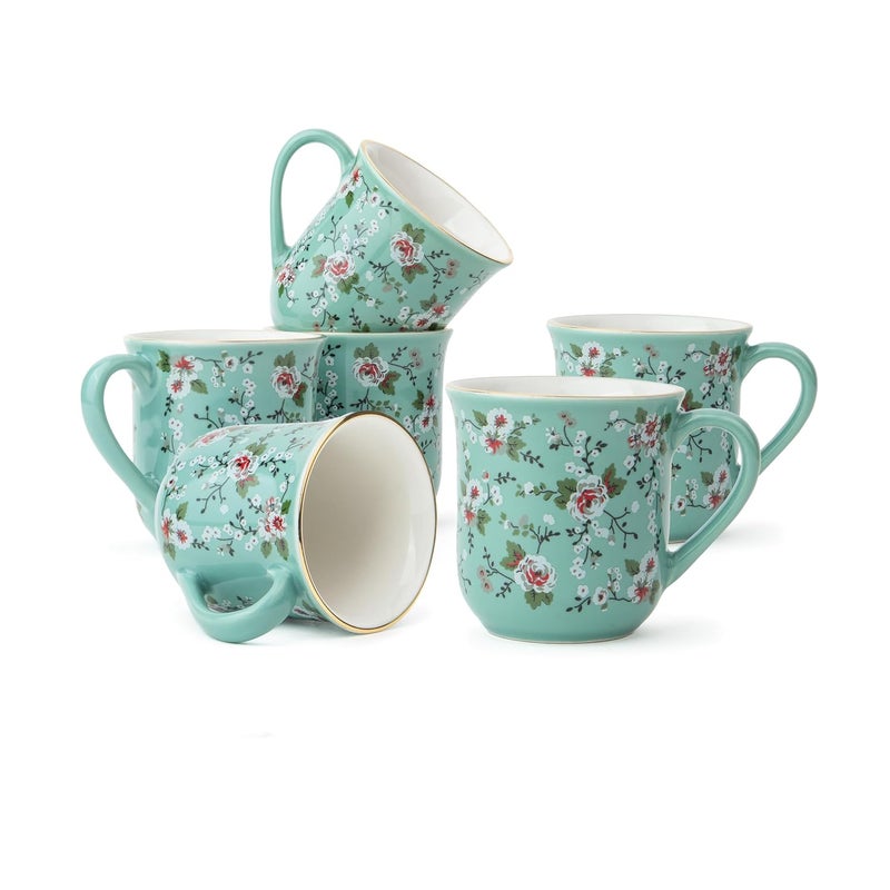 Shay طقم أكواب شاي سيراميك من 6 قطع مزخرفة بالنعناع سعة 180 مل طقم أكواب شاي لامع من السيراميك - Image 1