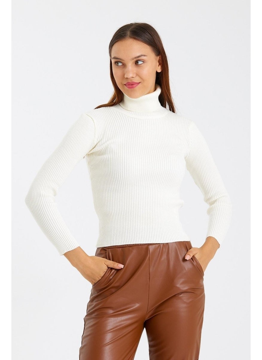 Odelon Women's Turtleneck Corduroy Wool Knitwear Sweater Ecru  - Image 3