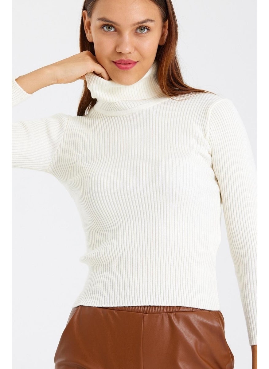 Odelon Women's Turtleneck Corduroy Wool Knitwear Sweater Ecru  - Image 5