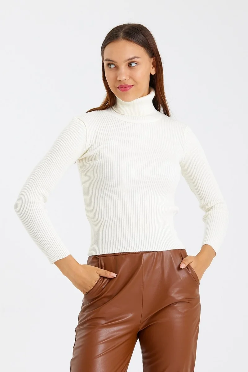 Odelon Women's Turtleneck Corduroy Wool Knitwear Sweater Ecru