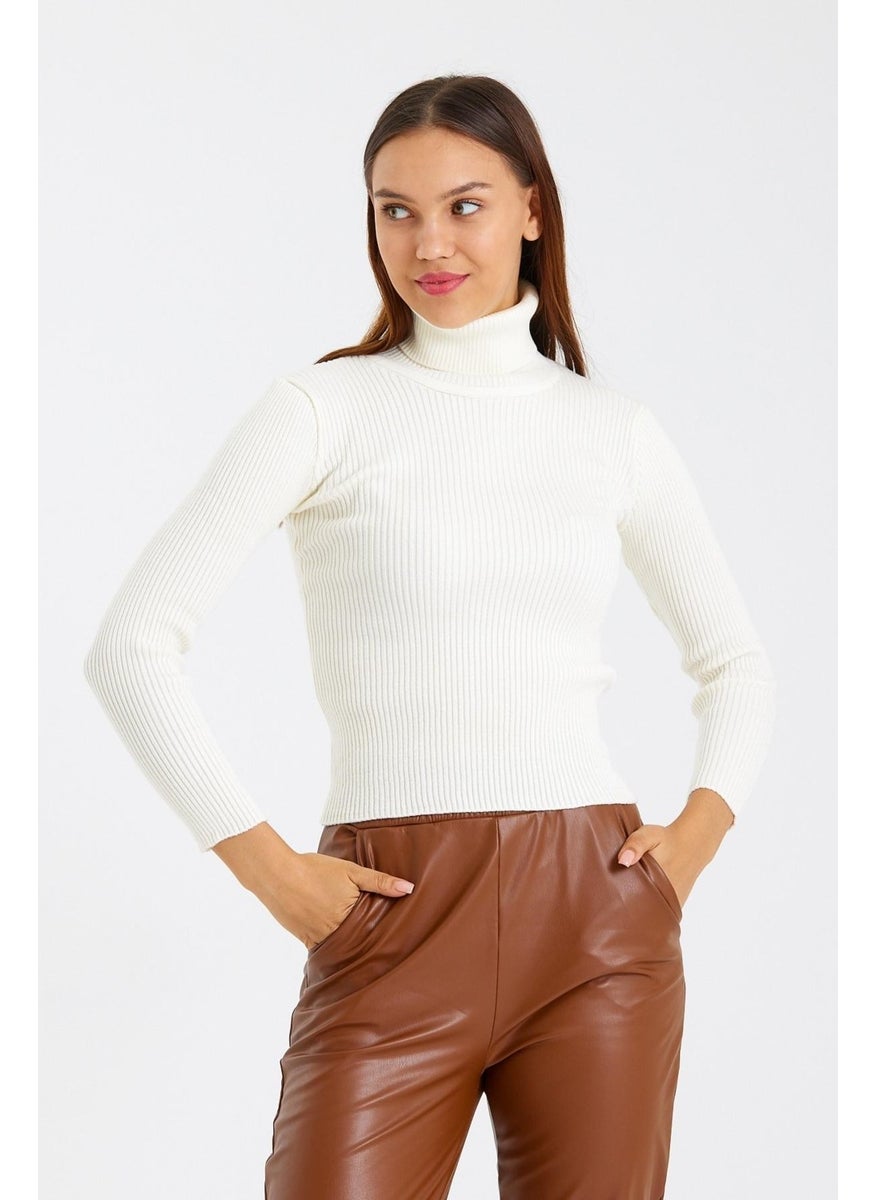 Odelon Women's Turtleneck Corduroy Wool Knitwear Sweater Ecru  - Image 4