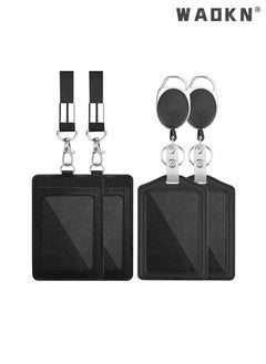 WAOKN 4-Piece ID Card Holder with Lanyard and Retractable Badge Reel Clip, Unisex PU Leather ID Badge Holder Easy to Pull Buckle Telescopic Card Holder with Clear ID Window & Credit Card Slots Black  - Image 1