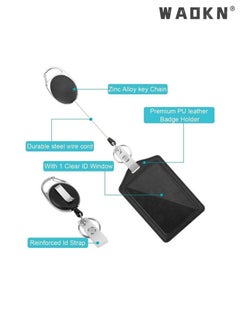 WAOKN 4-Piece ID Card Holder with Lanyard and Retractable Badge Reel Clip, Unisex PU Leather ID Badge Holder Easy to Pull Buckle Telescopic Card Holder with Clear ID Window & Credit Card Slots Black  - Image 4