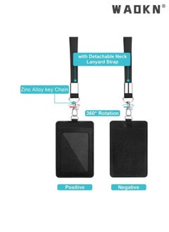 WAOKN 4-Piece ID Card Holder with Lanyard and Retractable Badge Reel Clip, Unisex PU Leather ID Badge Holder Easy to Pull Buckle Telescopic Card Holder with Clear ID Window & Credit Card Slots Black  - Image 3