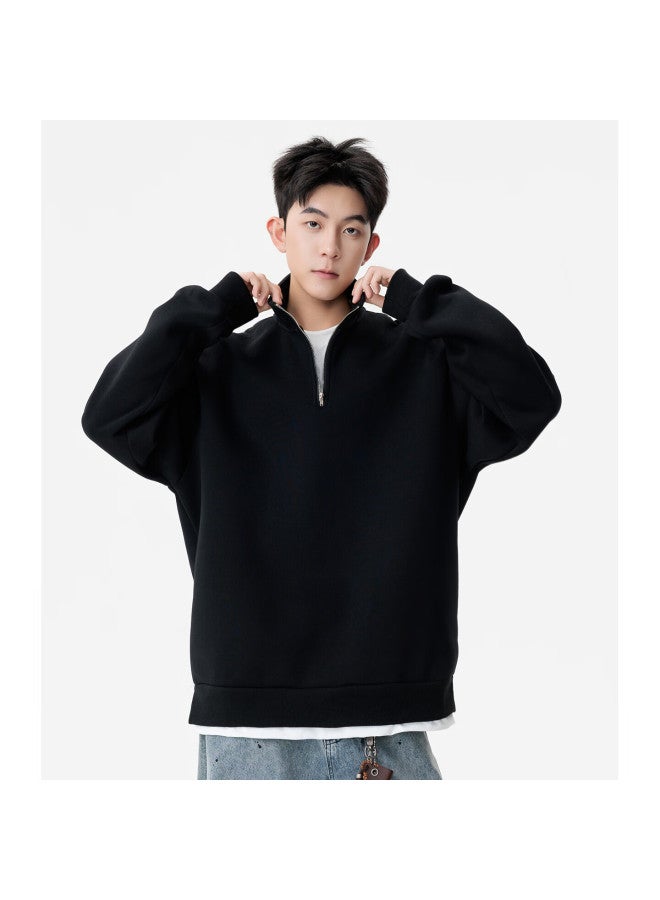 Izexx European And American Trendy Stand Collar Hoodie Men Autumn Simple Solid Color Two-in-one Base Shirt Zwy05 Graphite Black 3XL - Image 1