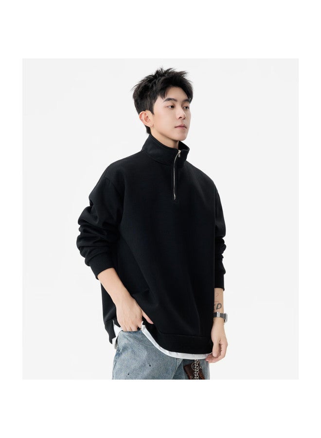 Izexx European And American Trendy Stand Collar Hoodie Men Autumn Simple Solid Color Two-in-one Base Shirt Zwy05 Graphite Black 3XL - Image 4