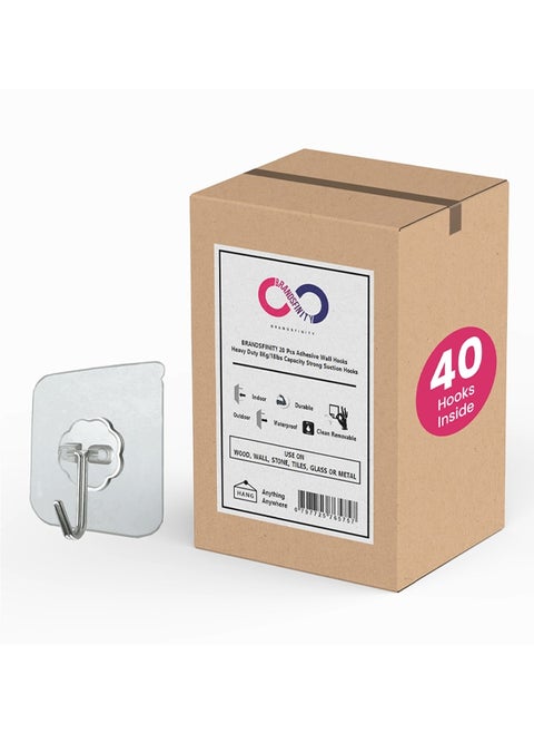 Pack of 40 Heavy Duty Self Adhesive Clear Wall Hooks - No Drill Transparent Hooks Perfect For Hanging Bags, Utensils, Mirror, Jackets, Large Clock Holds Upto 8kg