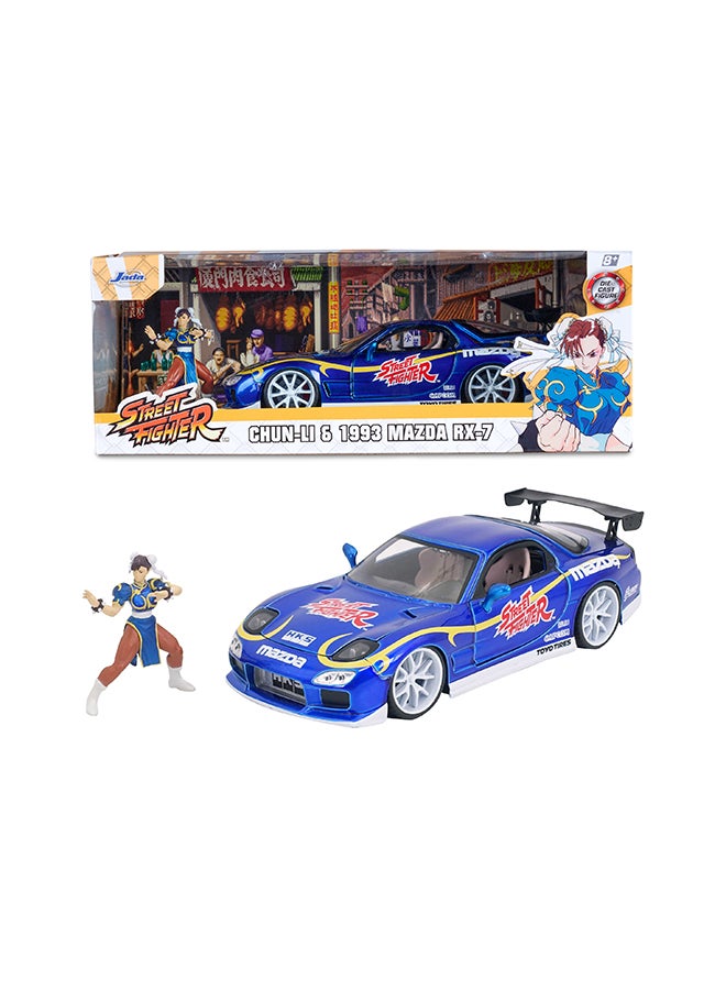 Jada Toys Street Fighter 1993 Mazda RX-7 1:24 Die-Cast Model Car with Chun-Li Figure, Opening Doors, Hood & Trunk, Collectible Vehicle for Kids & Fans - Image 1