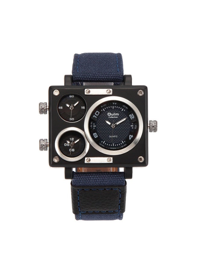Men's Multi-Time Zone Quartz Watch with Large Square Dial and Casual Style