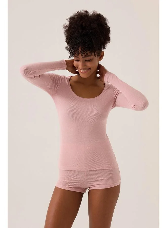 Los Ojos x Ece Pink Modal Fabric Long Sleeve Shorts Pajama Set Ribbed PJ.
