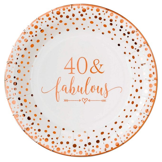 40 FABULOUS DISPOSABLE PLATES FOR WOMEN 40TH BIRTHDAY DECORATIONS ROSE GOLD DESSERT BUFFET CAKE LUNCH DINNER PARTY TABLE SUPPLES 50 COUNT 9 INCHES