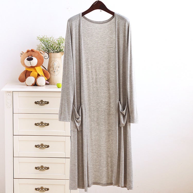 Spring and Summer Modal Long Pocket Cardigan Sun Protection Clothing Womens Casual Air-conditioning Shirt Long Thin Coat Outer Shawl Light gray