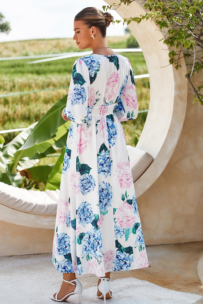 Maxigerui Women's Long Sleeve Floral Maxi Dress 2026 Spring Summer Wedding Guest Dress Hydrangea Pink Blue Print S - Image 5