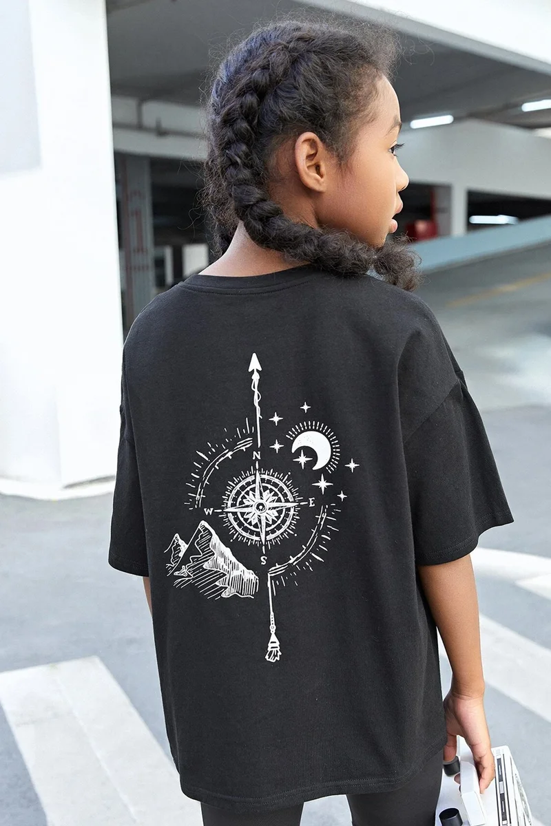ONLYTRENDWEAR Childrens Compass Printed Cotton Tshirt 3-4 Years Old Black
