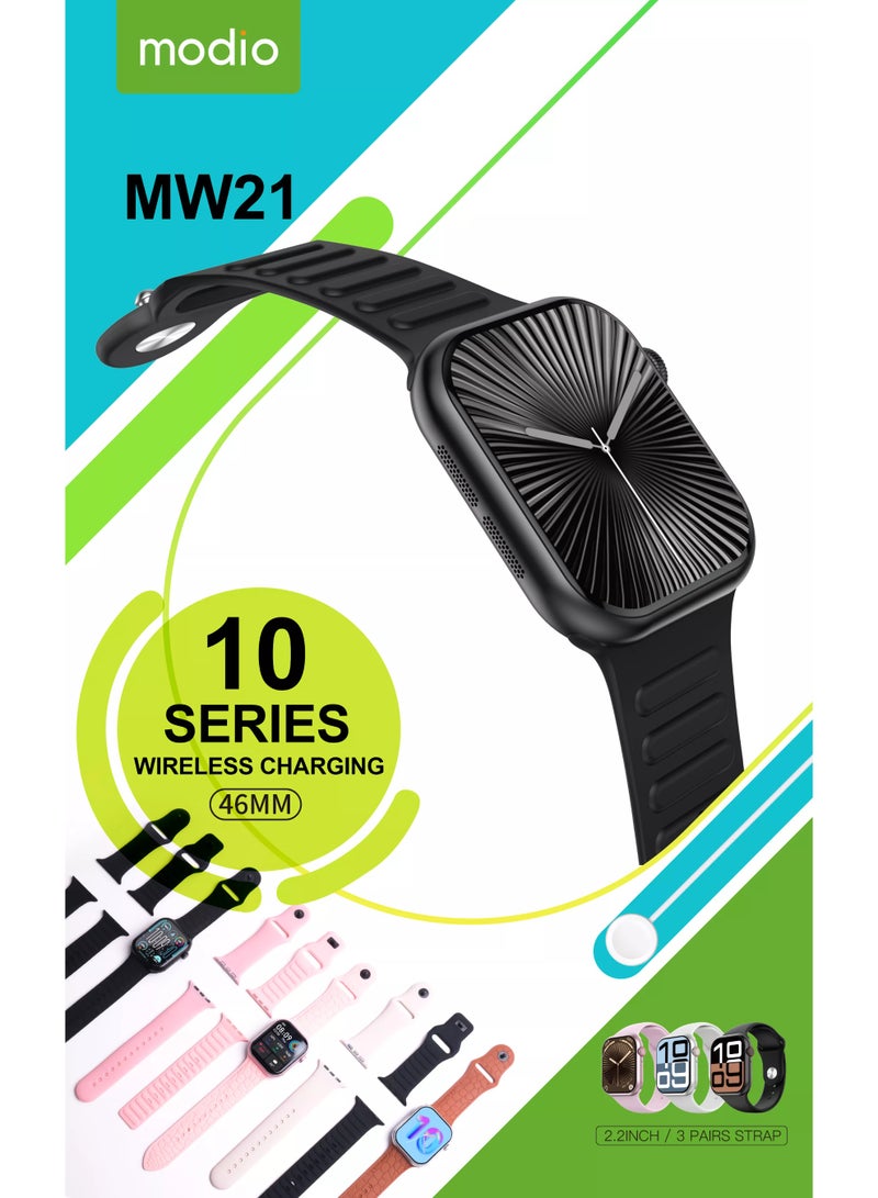 موديو ساعه Modio MW21 (Series 10) الذكيه بشاشه كامله 2,2 انش عاليه الجوده , تصميم انيق وعصري , تدعم الاشعارات والتنبيهات الذكيه , اوضاع رياضيه مختلفه , مميزات التتبع الصحي ,بطاريه قويه تدوم طويلا ,3 اساور مرفقين للتبديل بينهم,اسود - Image 2