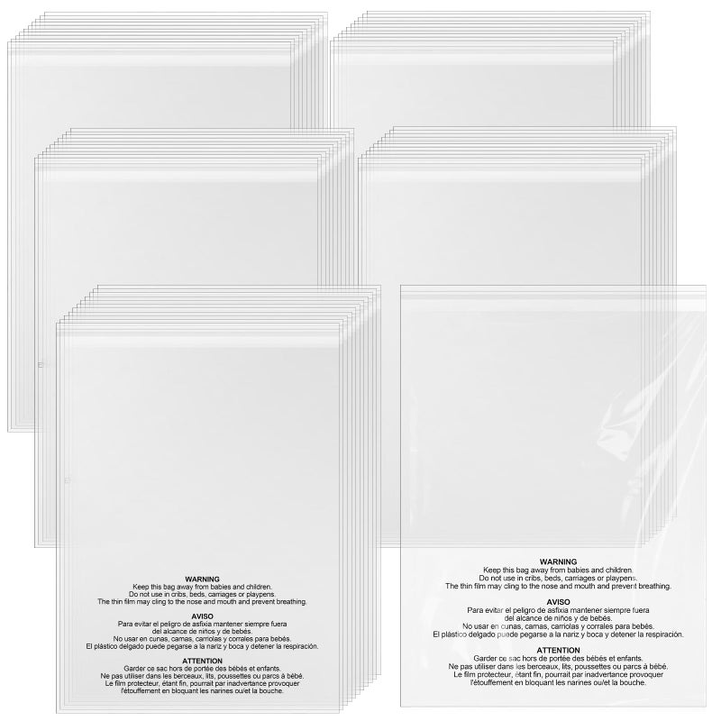 Tosstuki 200 Count 18 x 24 Self Seal Clear Poly Bags with Suffocation Warning Plastic Self Seal Clear Poly Bags Resealable Adhesive for Packaging Bedding Clothing T-shirts - Image 1