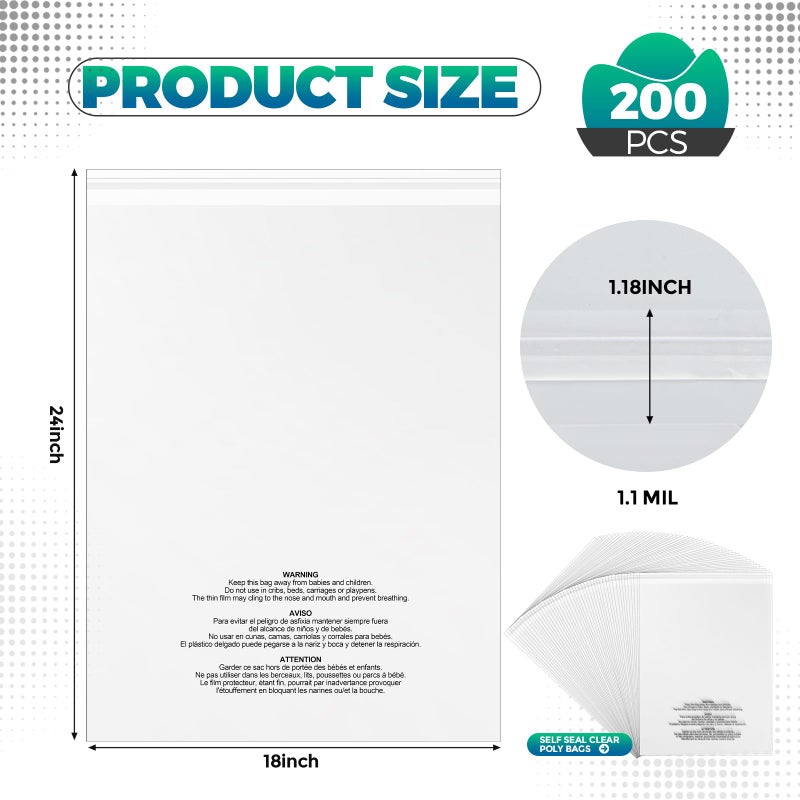 Tosstuki 200 Count 18 x 24 Self Seal Clear Poly Bags with Suffocation Warning Plastic Self Seal Clear Poly Bags Resealable Adhesive for Packaging Bedding Clothing T-shirts - Image 2