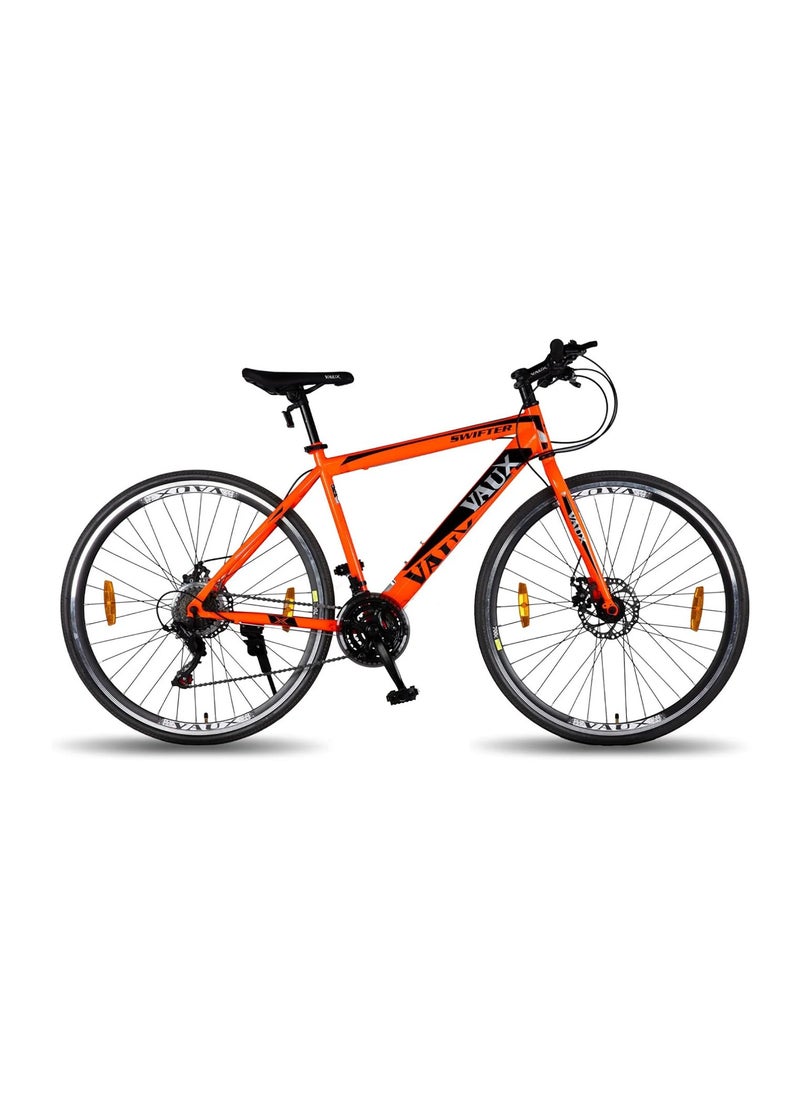 Vaux دراجة Vaux Swifter-Pro الهجينة للرجال مع فرامل قرصية مزدوجة - دورة تروس 21 سرعة مع إطار فولاذي Hi-Ten - إطارات معدنية ودورة إطارات رفيعة 700Cx35 - دراجة للبالغين من الفئة العمرية 15 عامًا فما فوق - برتقالي  - Image 1