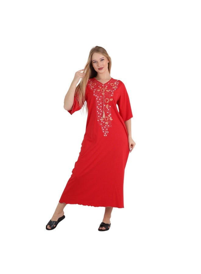 زيكوتكس  قميص نوم نسائي طويل من القطن مطرز – تطريز زهري أنيق فستان لبس منزلي بتفاصيل شرّاطة – مصنوع في مصر - Image 1