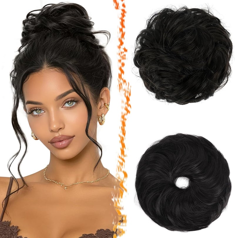 BARSDAR 2 PCS Messy Bun Hair Pieces, Elastic Natural Black Messy Hair Bun Scrunchies Extensions for Women Synthetic Thick Fluffy Donut Updo Natural Black Chignons Hairpieces Daily - Image 1