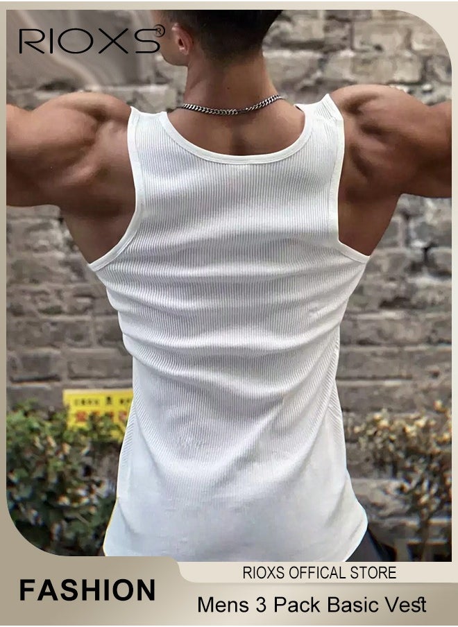 RIOXS - 3 Pack Basic Workout Tank Top Set for Men Athletic Muscle Tops Mens Bodybuilding Quick Dry Sleeveless T-Shirt - Image 1