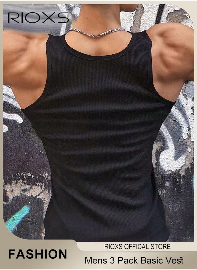 RIOXS - 3 Pack Basic Workout Tank Top Set for Men Athletic Muscle Tops Mens Bodybuilding Quick Dry Sleeveless T-Shirt - Image 1