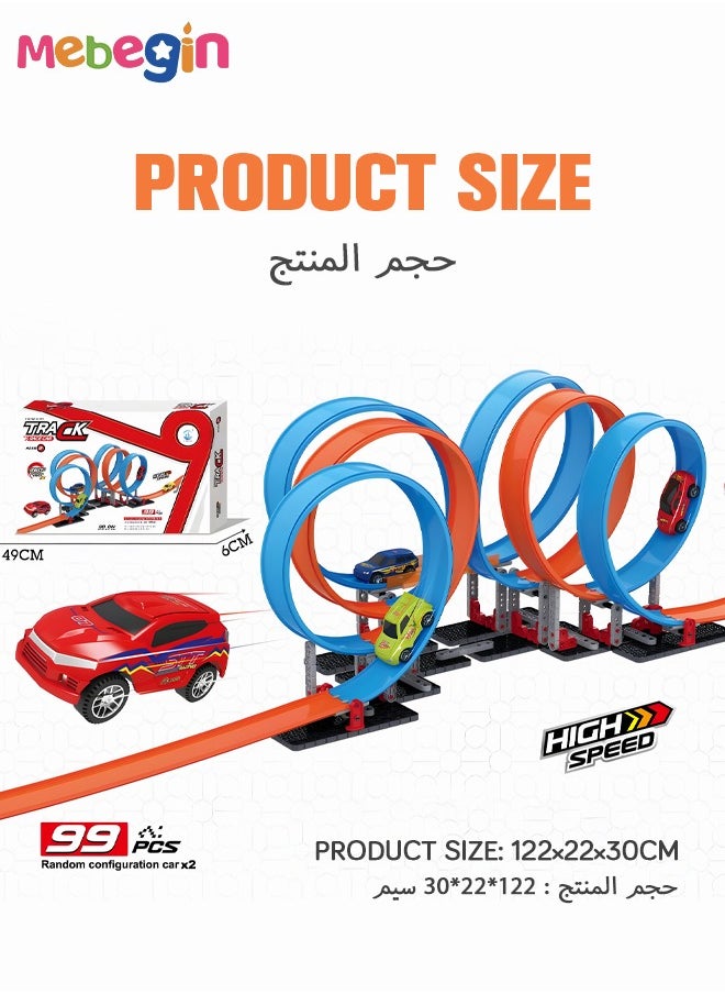 MEBEGIN - 99 PCS Building Blocks for Racing Cars, Race Tracks Toys Set, Pull Back Track Racing Car Track Set with Wide Track Loop and Slam Launcher, Fun Tracks Game, STEM Educational Components, Designed for Multi-car Play, Gift for Kids Aged 3+ - Image 1